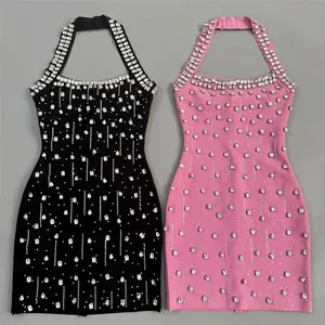 Sexy halter neck bodycon bandage dress with shimmering rhinestones in black and pink