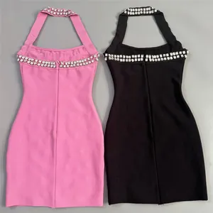 Pink and black halter bandage dresses featuring elegant double-row rhinestone crystal trim