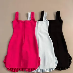 Detailed back view of sleeveless bodycon mini dresses with ruffled hem in three colors