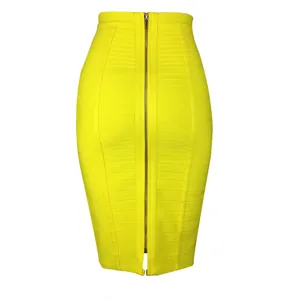 Vibrant yellow high waisted bodycon bandage pencil skirt featuring a full length front zipper