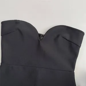 Close-up detail of a black bandage dress with a sweetheart neckline and front zipper