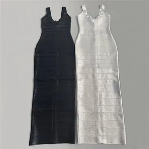 Detail showing black and metallic silver variants of the elegant sleeveless bandage dress