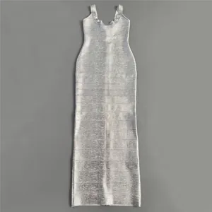 Full-length silver metallic bandage dress with horizontal knit texture and u-neckline
