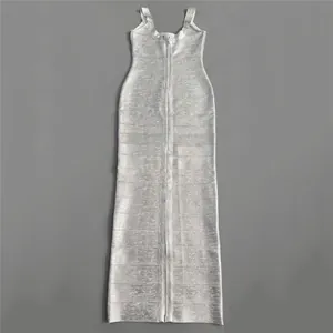 Full view of elegant silver metallic bandage maxi dress with slim fit bodycon design