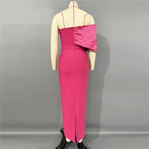 Back view detail of fuchsia one-shoulder bandage evening gown with slit for women