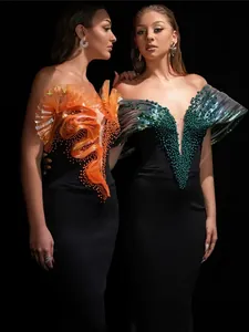 Elegant off-shoulder beaded bandage evening gown with unique 3D pleated bust design