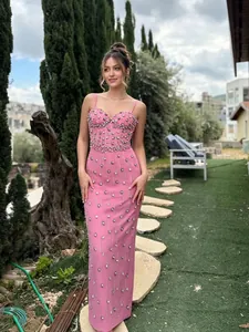 Elegant pink rhinestone bandage evening dress with spaghetti straps and slim fit long skirt