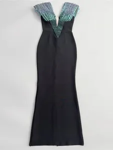 Elegant beaded bandage evening gown with V-neck and gradient pleated shoulders