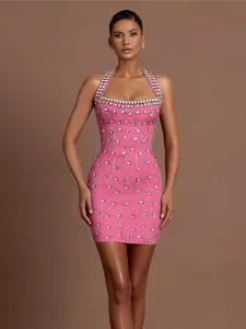 Elegant pink halter bandage mini dress with sparkling rhinestone embellishments for women