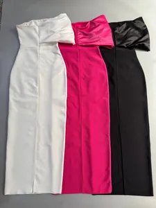 One-shoulder bandage midi evening dresses shown in white, hot pink, and black colors.