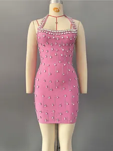 Sexy pink halter bandage mini dress with sparkling rhinestones for parties
