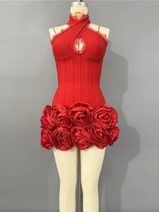 Sexy red halter bandage dress with 3D rose flower hem and lace details.