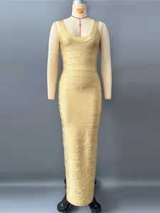 Elegant sleeveless gold shimmering bandage maxi dress with high waist and slim bodycon fit