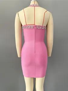 Elegant pink halter-neck bandage mini dress with rhinestone detailing and back zipper