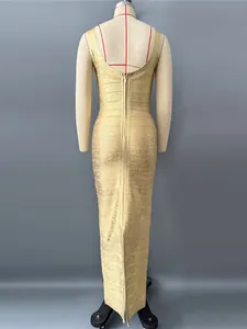 Elegant gold bodycon bandage maxi dress featuring a striped texture and a discreet back zipper.