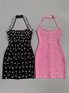 Elegant rhinestone halter neck bodycon bandage party dresses in black and pink colors