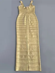 Elegant gold metallic bandage maxi dress featuring a slim fit and vertical back zipper