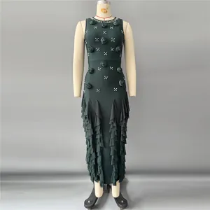 Elegant dark green vintage bandage dress with 3D floral accents and ruffled hem