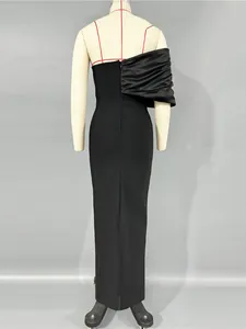 Elegant black one-shoulder bandage maxi evening gown with ruffled sleeve detail back view