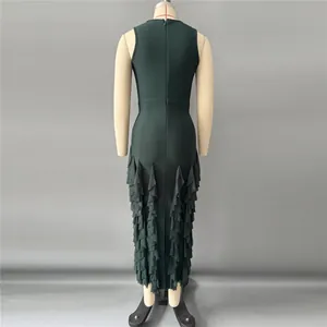 Back view of dark green bodycon bandage dress featuring elegant vertical ruffle details