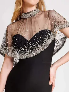 Elegant black bandage evening dress with rhinestone-studded mesh cape overlay
