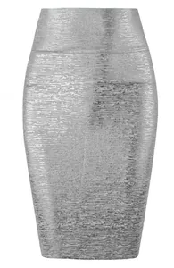 Macro view showing the metallic texture of a silver high-waisted bodycon bandage skirt