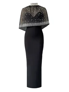 Elegant black bandage evening dress with a rhinestone embellished sheer shawl capelet