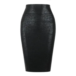 Detailed macro view of the black bandage texture on a high-waisted pencil skirt.