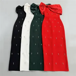 Elegant off-the-shoulder bandage dresses with rhinestone accents shown in four colors