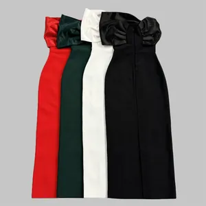 Detail showing color options for the off-shoulder bow bandage evening dress.