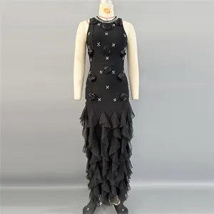 Elegant retro black bandage dress featuring 3D floral appliques and a ruffled mermaid hem