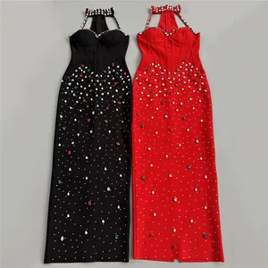 Elegantes vestidos bandage bodycon en negro y rojo con adornos de pedrería colorida.