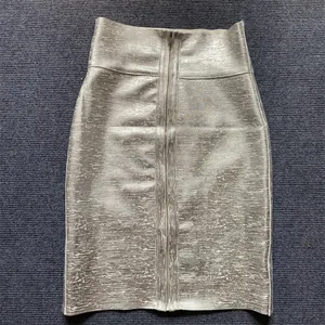 Silver metallic bandage skirt detail featuring high waist and front zipper design