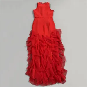 Elegant red sleeveless evening dress with tiered ruffled tulle skirt and jewel neckline