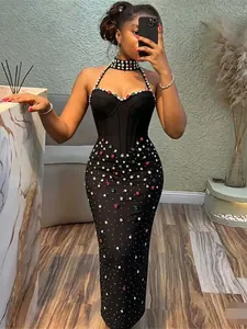 Vestido de Vendaje Bodycon Sexy para Mujer Elegante Celebridad Cintura Alta Vestido de Noche Hecho a Mano Strass Fiesta Maxi Vestido Halter Sin Mangas Espalda Descubierta Boda Banquete