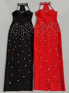 Elegante vestido de fiesta bandage de talle alto con adornos de pedrería de colores