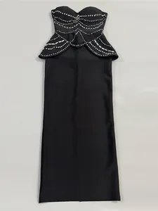 Elegante vestido bandage palabra de honor negro con pedrería y peplo