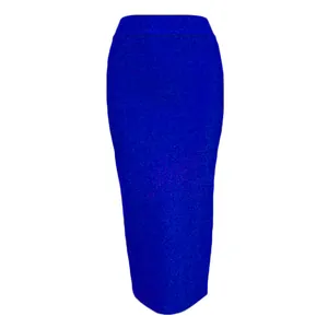 Detailed view of a bright blue high waist elastic bodycon bandage midi skirt for women