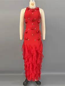Elegant red bandage evening gown with 3D floral accents and ruffled mermaid hem.