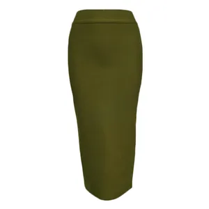Frontal view of elegant olive green high-waisted slim fit elastic bandage pencil skirt