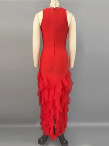 Elegant red bandage evening gown featuring tiered ruffled layers and a jeweled neckline collar.