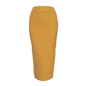 Elegant mustard yellow high-waisted bodycon bandage skirt with a slimming pencil silhouette.