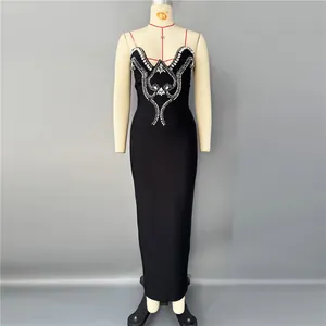 Elegant black bodycon bandage maxi dress with sparkling rhinestone chest pattern