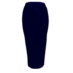 Detailed front view of a navy blue high-waisted elastic bodycon bandage midi skirt
