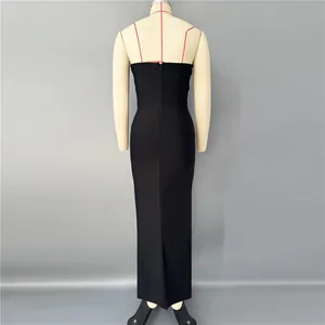 Elegant black strapless bandage midi dress back view displayed on professional mannequin.