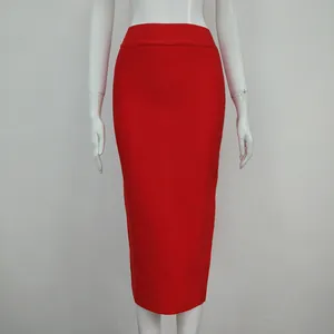 Vibrant red high-waisted bandage skirt bodycon pencil style shown on a white mannequin.