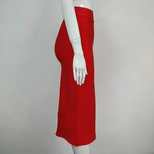 Detailed side profile of a vibrant red high-waisted bandage skirt with slim fit design