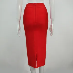 Back view of red high-waist bandage skirt with full-length zipper and bottom slit