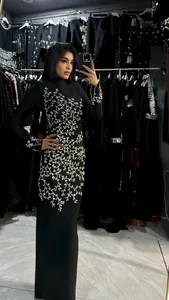 Elegant black bodycon maxi dress with sparkling silver branch embroidery and long sleeves
