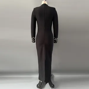 Full back view of a slim-fitting black long-sleeved bandage dress with floral beaded cuffs
